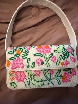 Beaded Floral Handbag White Pink Green
