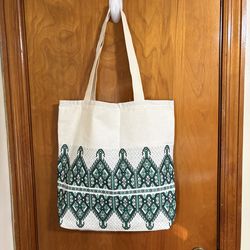 New Made in Greece emerald green black cross stitch print cotton blend tote