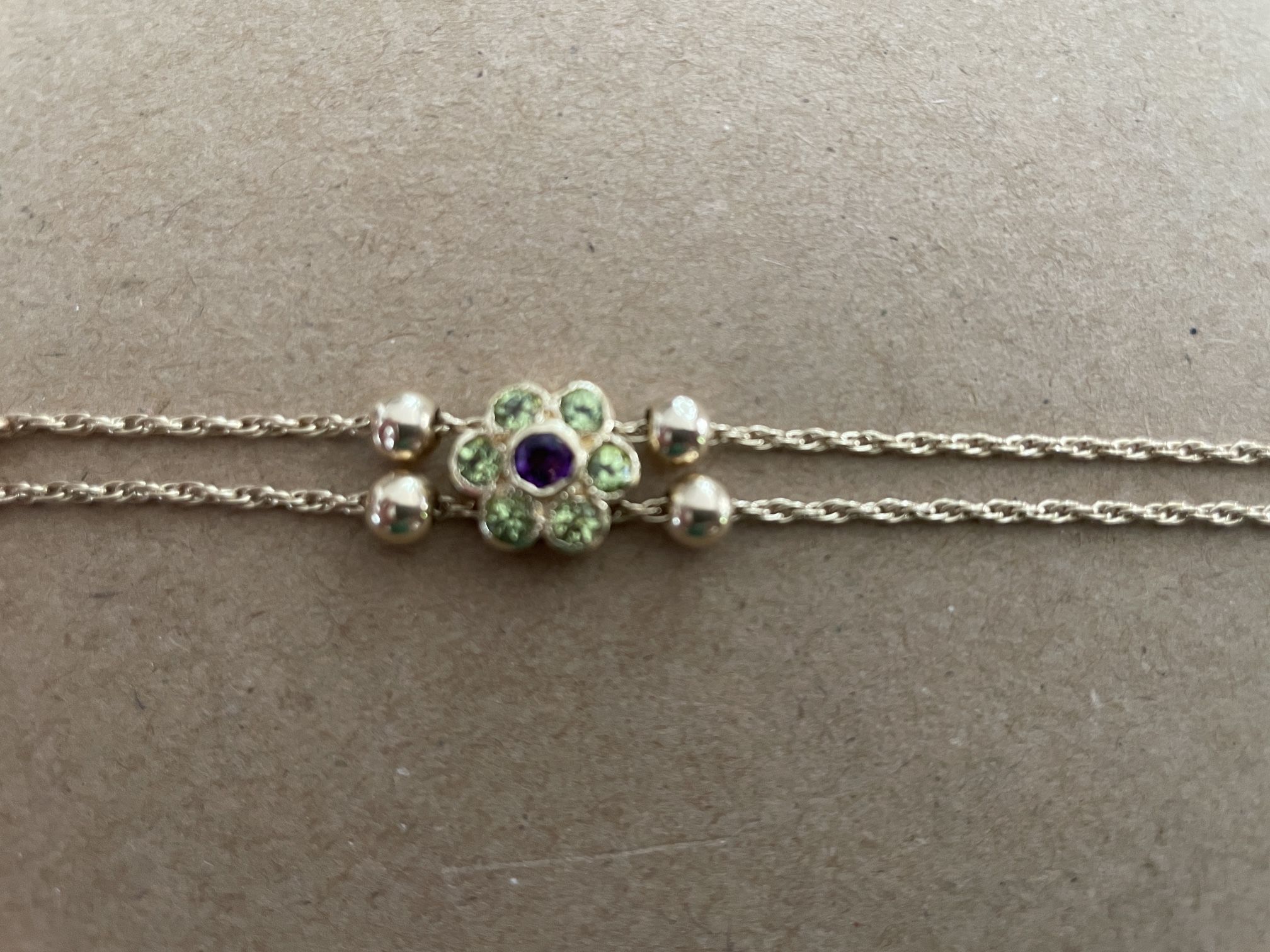 Gold Tone Slide Bracelet Amethyst and Peridot
