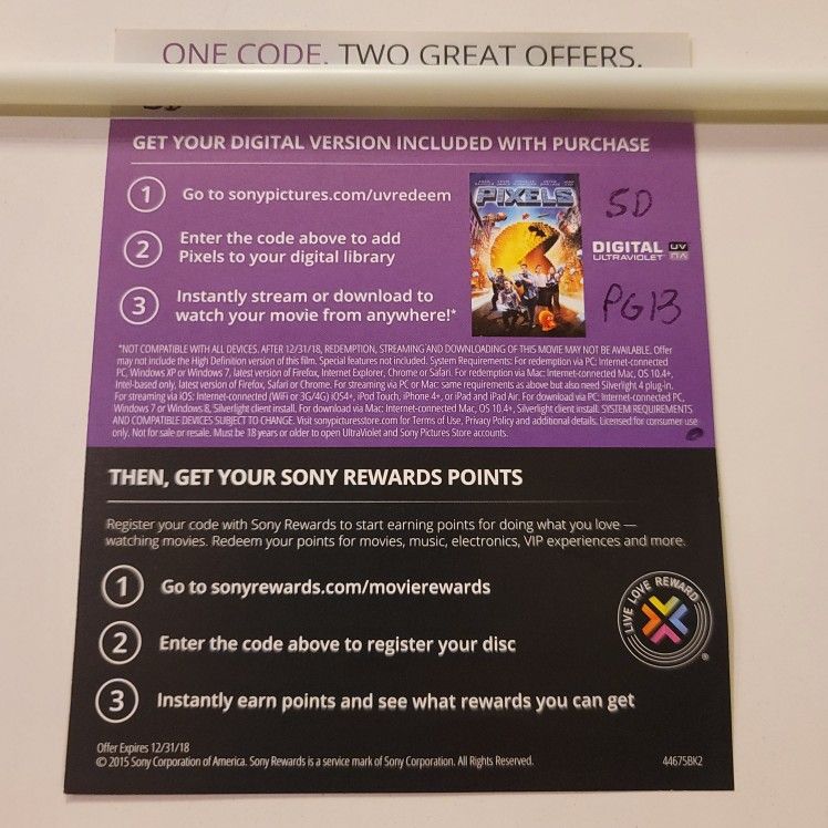 $4 DIGITAL SD MOVIE. PIXELS. $4 OR TRADE FOR A MOVIE TITLE I DO NOT ALREADY OWN.