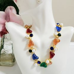 18k gold retro multicolored heart hearts women's ladies pendant necklace gift