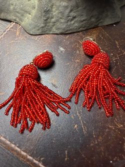 Red Beaded Tassel Dangle Earrings Long Statement Fringe Jewelry