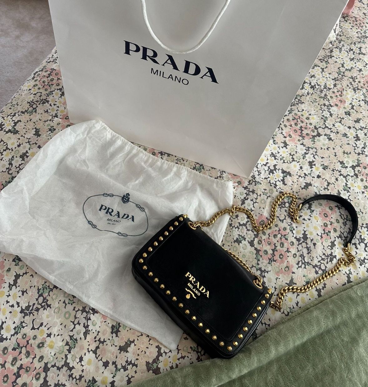 Authentic Prada Pattina Black Calf Leather Studded Flap Chain Crossbody Bag
