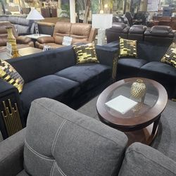 Brand New Black Velvet Or Biege Synthetic Leather Sofa + Loveseat With Gold Or Chrome Trimming