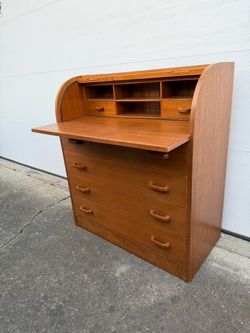 Vintage Danish Modern Teak Tambour Roll Top Secretary Desk Dresser Mid Century Modern