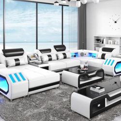 NEVADA PU LEATHER SECTIONAL WITH LED LIGHTS, BLUETOOTH SPEAKERS & MOTION HEADREST