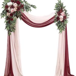 Floroom Arch Flowers with Drapes Kit (Pack of 4) - 2pcs Artificial Burgundy & Blush Floral Swag Arrangement with 2pcs Draping Fabric for Wedding Cerem