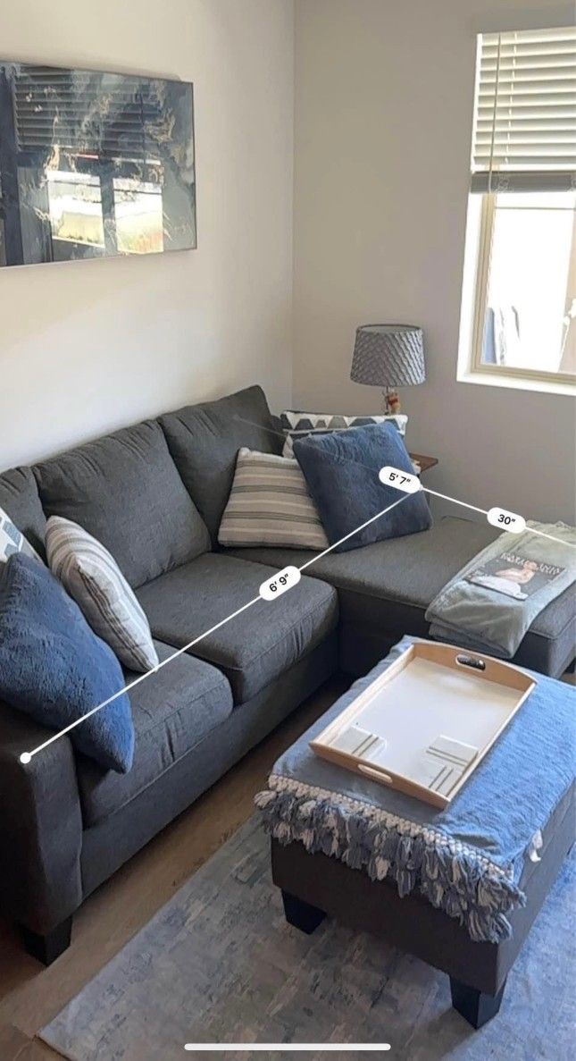Sofa- L Shaped, Dark Grey Fabric