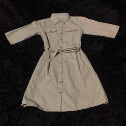 Green khaki button-up shirt dress with tie waist