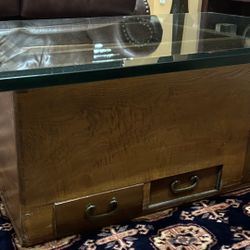 Wood, Copper, and Glass Coffee Table
