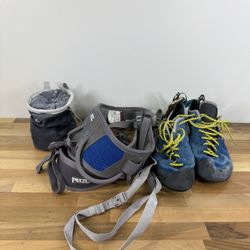 Complete Rock Climbing Starter Kit Scarpa Shoes 45 Petzl Harness Chalk Carabiner