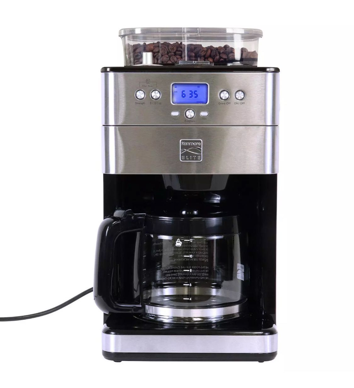 Kenmore Elite Grind and Brew Coffee Maker w/ Burr Grinder, 12 Cup Programmable Automatic Timer Brew Coffee Machine, Air-Tight Bean Hopper, Grind Size