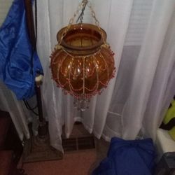 Mcm Amber Glass Morrocan Brass Beaded Hanging Lamp