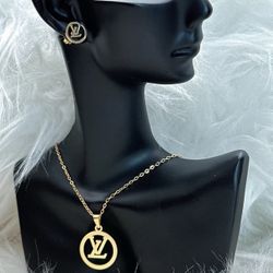 LV Stainless Steel Gold Plated Necklace Earings Set Women's Jewelry Fashion