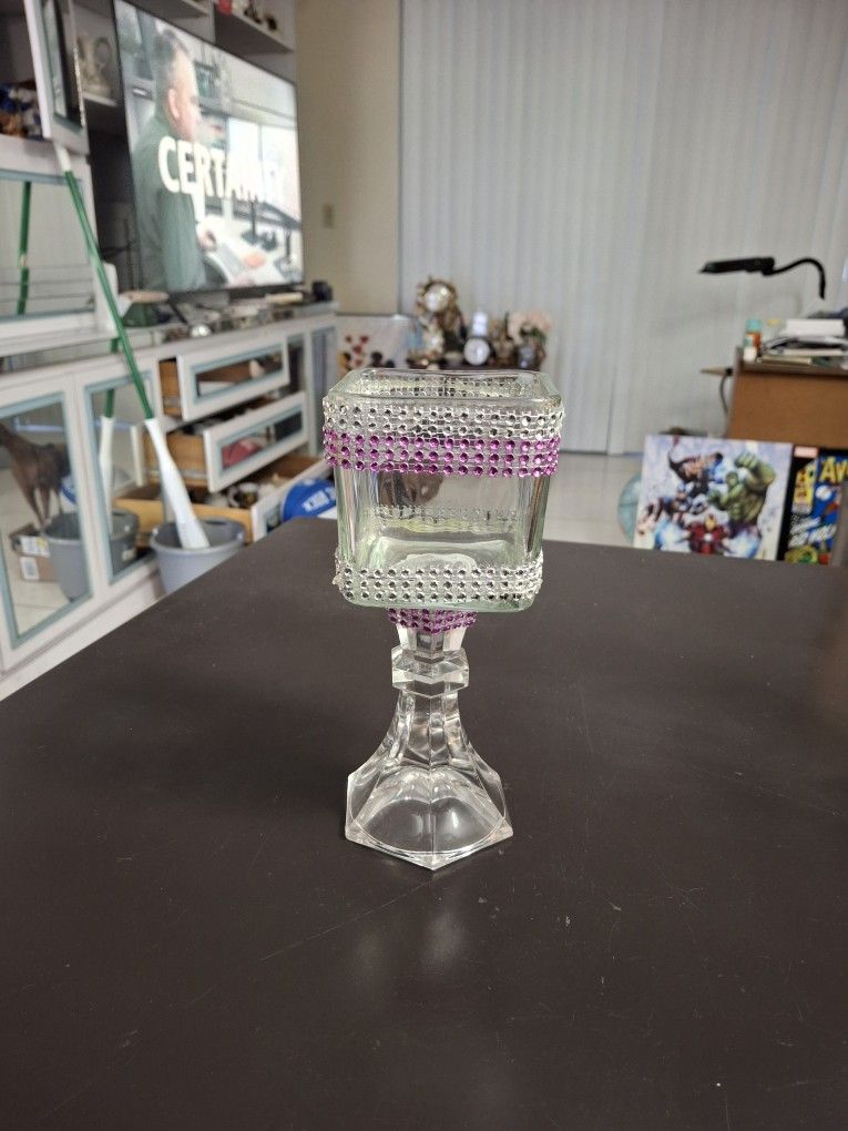 Thick Heavy Glass Compote Candle Holder With Silver & Pink Sequins 8"H X 3.5"W
