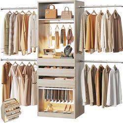 Closet System, 4-8FT Closet Organizer with 3 Wood Drawers & Glass Top, 102'' Walk in Closet with 5 Hang Rods & LED Lights & Trouser Rack, Built-in War