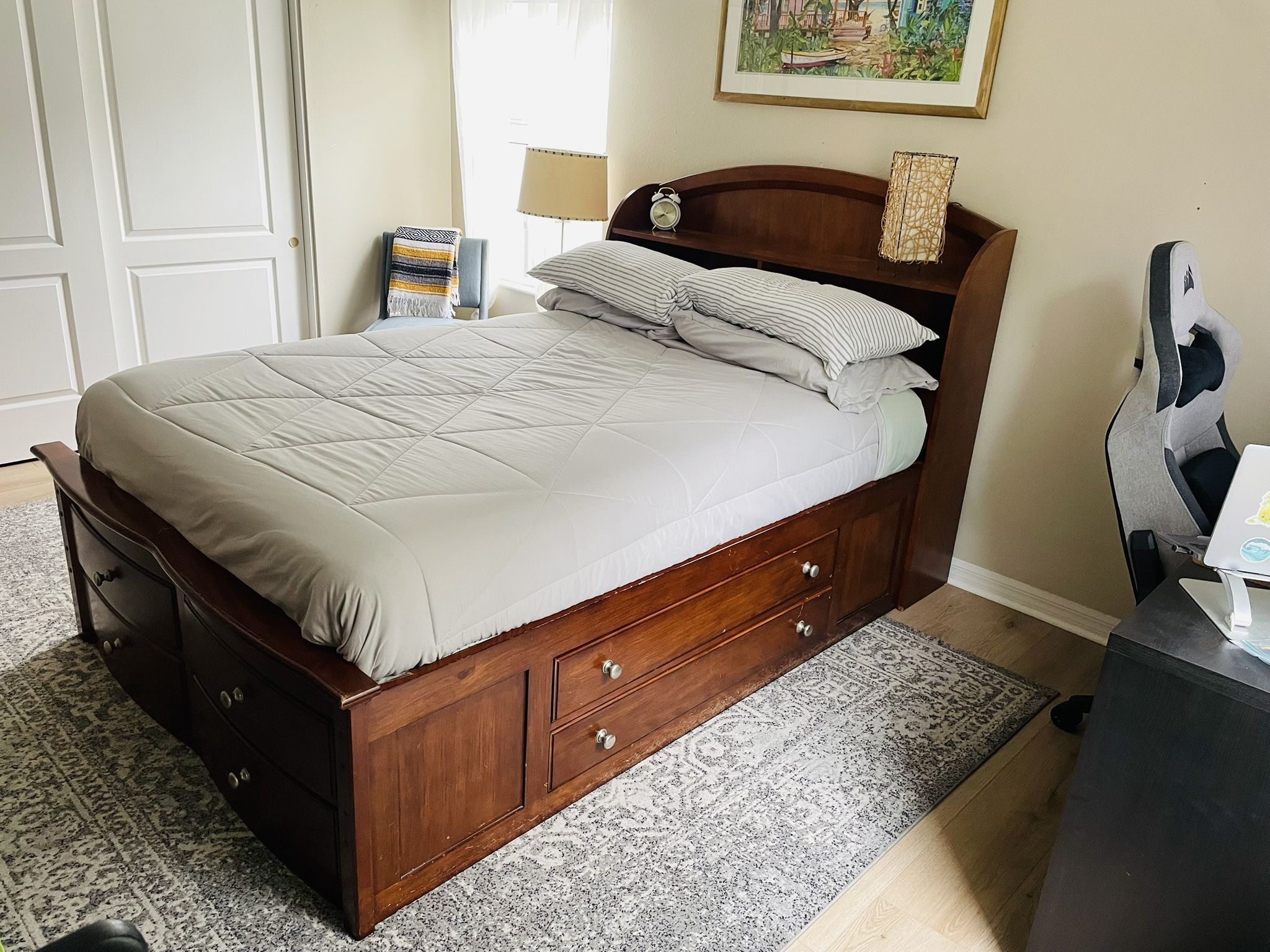 Wooden Full Size Bed Frame Headboard with Drawers 
