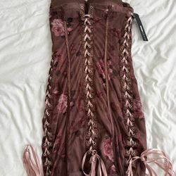 Monet Floral Lace Up Mini Dress - Brown (Medium)