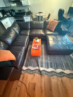 Genuine Leather Sectional Couch Espresso Brown