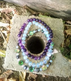 Trio Bracelet Set Gem Stones of Opal and Dark Amethyst, Abalone w/ Mother of Pearl in healing Nacre, Irridence Fauceted Opal and Round Clear Frosty Op