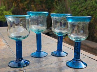 Set of 4 Hand Blown Mexican Wine Glasses – Blue Rim & Cobalt Stem (8" Tall)