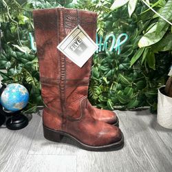 Vtg 70s Frye Campus Boot Longhorn Red Square Toe Black Label Women 9.5 B New