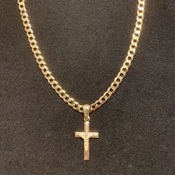 Gold Chain Cuban Link Necklace 20in 4mm And Gold Cross Pendant Set 