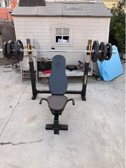 Powertec weighs bench with bar and weights