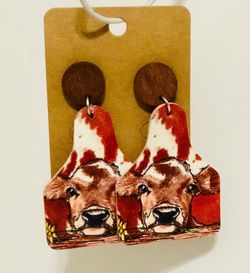 NEW Western Cowgirl Boho Cow Theme Faux Leather Wooden Post Dangle Earrings