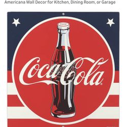 Vintage Retro Coca-Cola Metal Sign With American Flag - Vintage Americana Wall Decor for Kitchen, Dining Room, or Garage 12"L x 0.63"W