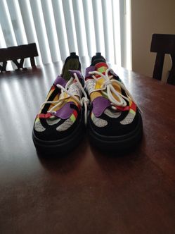 Multi color patch work knit style sneakers, size 10