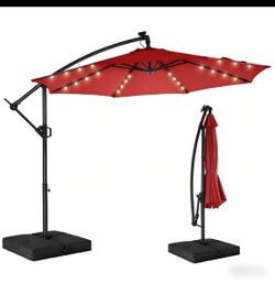 10ft Solar LED Patio Umbrella with Base Included, Offset Umbrella with Weighted Sandbag Base, Cantilever Patio Umbrellas for Backyard, Garden & Deck, 