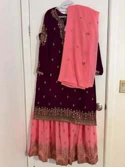 Embroidered Purple and Pink Sharara Suit Size 44