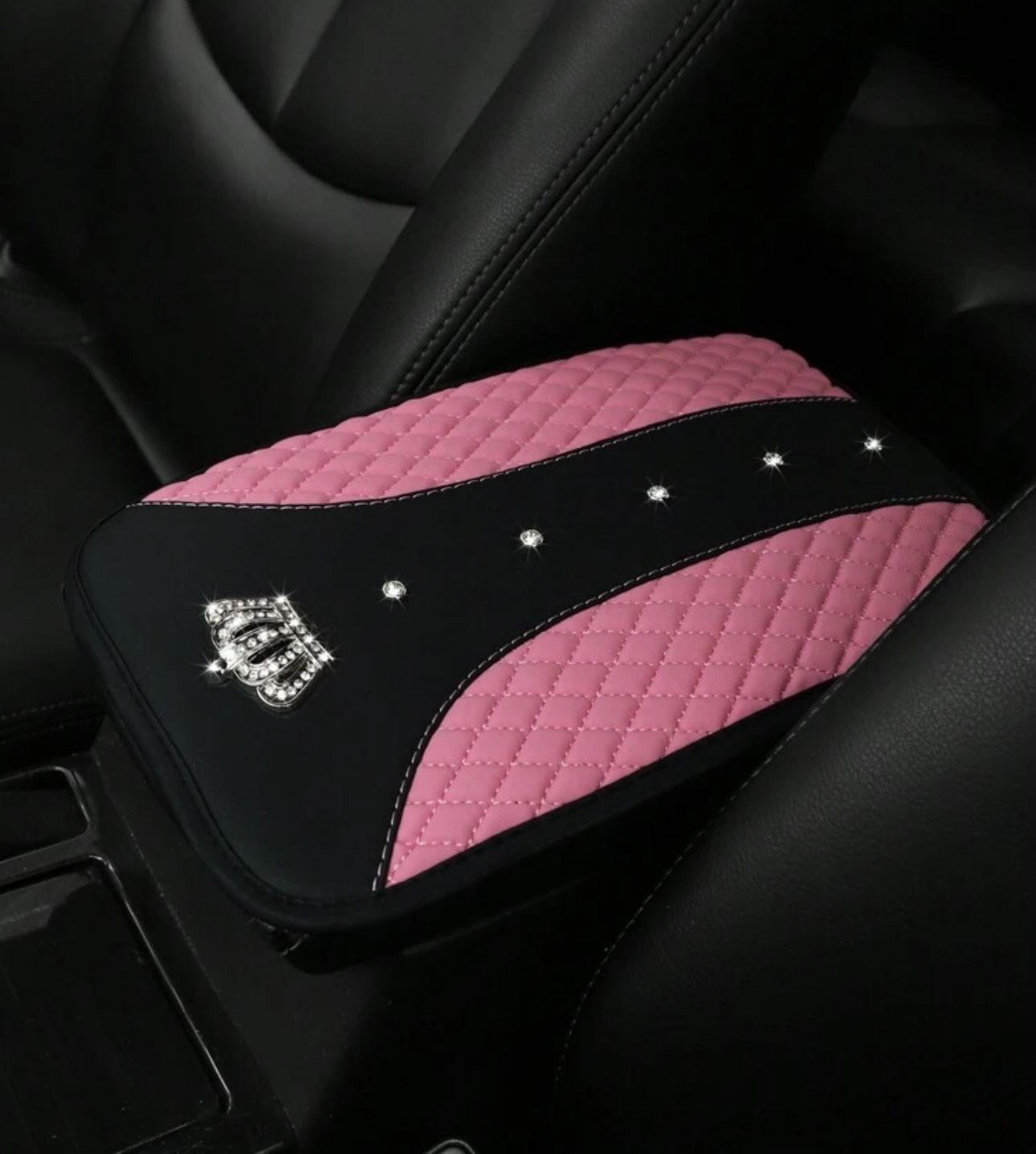 MEIKAXIU 1pc Car Armrest Pad With Rhinestone & Embroidered Metal Crown