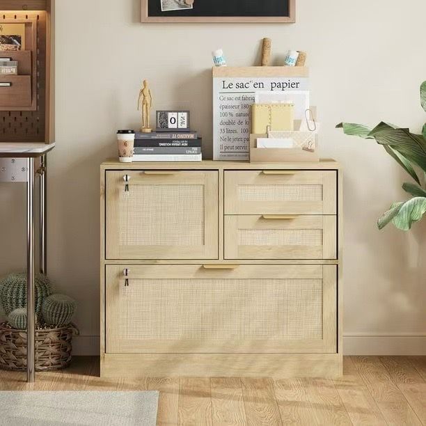 4-Drawer Wood File Cabinet with Lock, Lateral Filing Cabinet with Open Storage Shelves, Rattan Filing Organization Storage Cabinets for Home Office, O