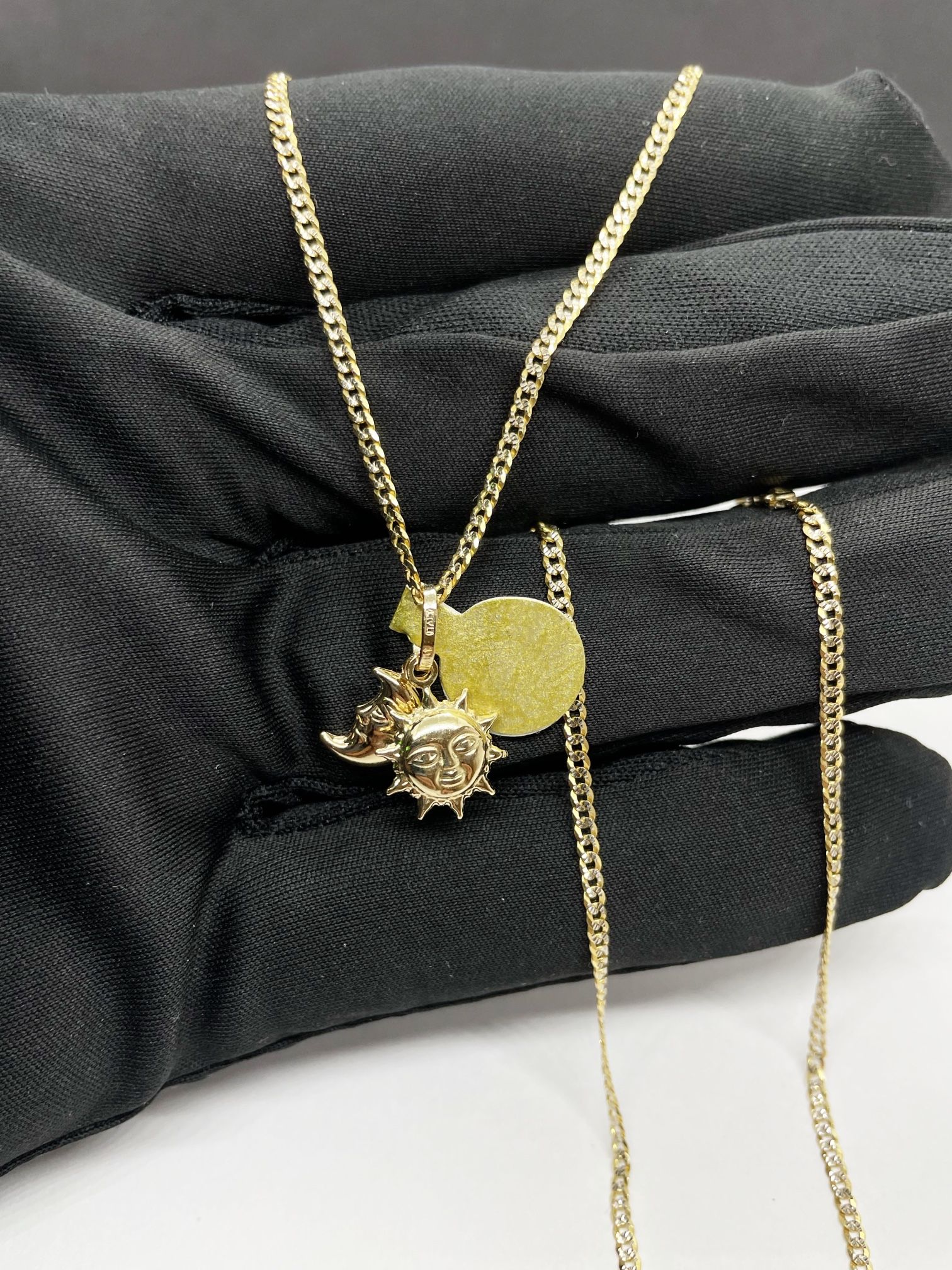 14k Solid Gold Cubana Diamon Cut Chain And Sun and moon Pendant , Necklance Gold