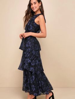 Lulus Molinetto Navy Blue Lace Ruffled Tiered Sleeveless Maxi Dress, featuring cascading tiers of delicate floral lace sz m