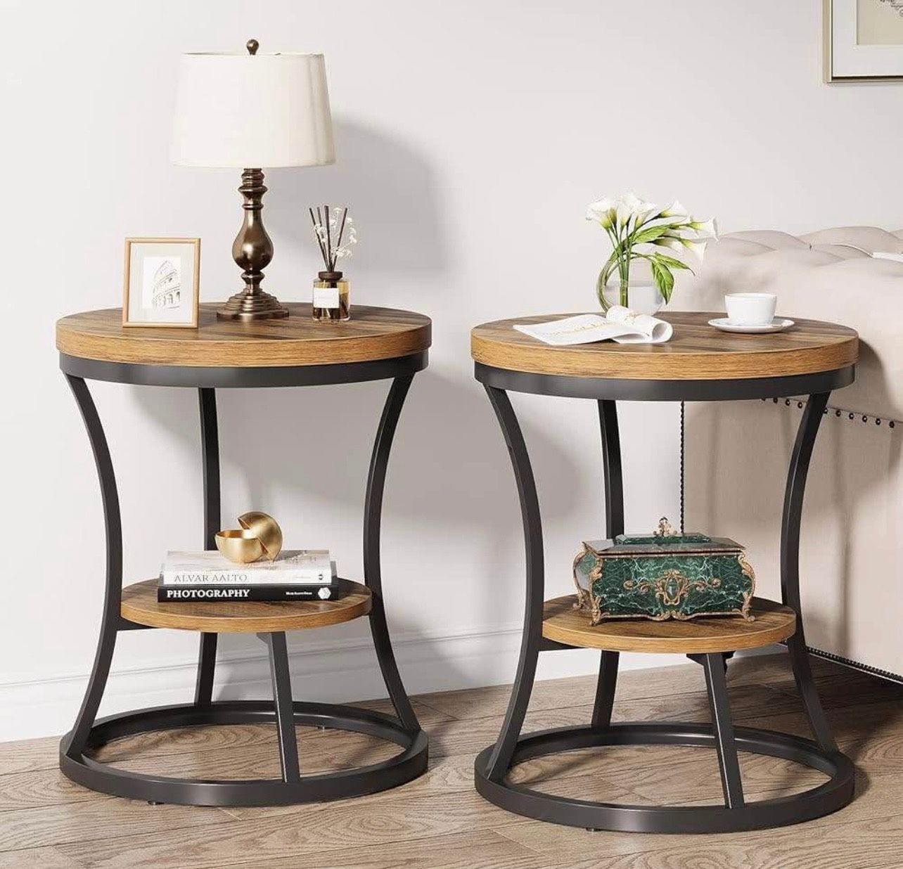 Round End Table Set of 2, 2 Tier Industrial Side Table, Accent Bedside Table Nightstand with Metal F