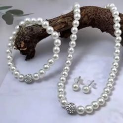 3 PCS Imitation Pearl Fireball Necklace Bracelet Earring Stud Jewelry Set Silver Color Crystal Stone Elegant Bridal Jewelr