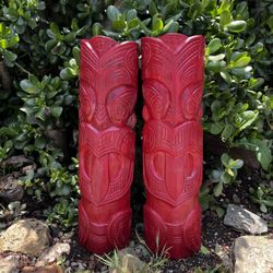 Hand carved wooden red tribal tiki wall hangings set of 2 from Bali- 19x6 inches