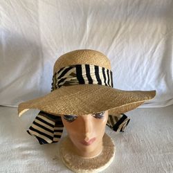 Vintage Liz Claiborne Wide Brim Floppy Straw Hat With Attached Scarf
