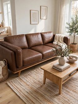 New Genuine Leather 90″ Sofa in Brown – Mid-Century Modern Three-Seater