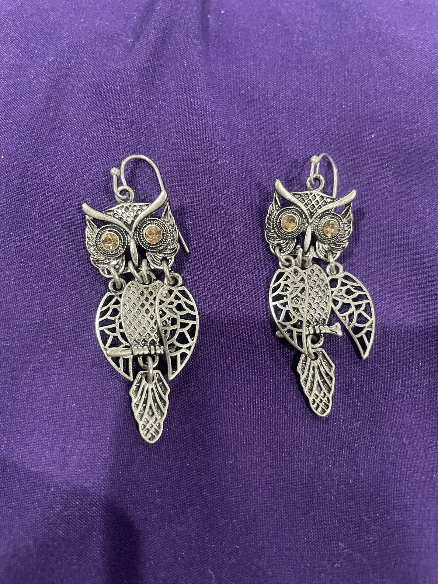 Silver Tone Owl 🦉 Pair Yellow Glazing Eyes Halloween Or Anytime