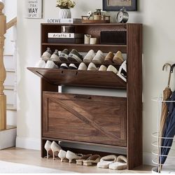 Shoe Storage Cabinet with 2 Flip Drawers,Farmhouse Narrow Shoe Organizer with Legs,Freestanding Hidden Slim Shoe Rack Cabinet with Open Storage for En