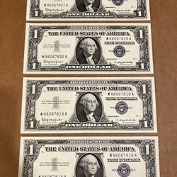 Set of 4 Consecutive Serial Numbers, Silver Certificate $1 Bills Series 1957 B Uncirculated Conditions 