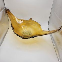 Vintage MCM Handblown Amber Swung Glass Oblong Console Bowl 14" Long