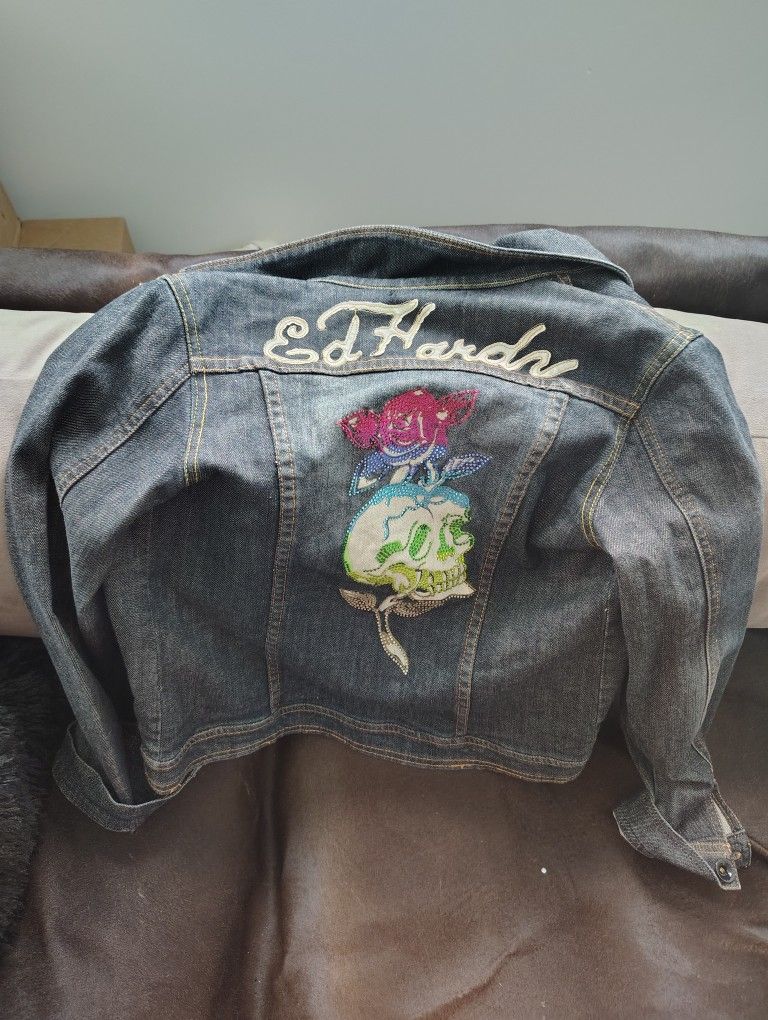 Ed Hardy Dark Blue/Black Women's Jeans Jacket. Ed Hardy Logo On Back With Glitter Skull And Rose Through Center Of Back. Size L