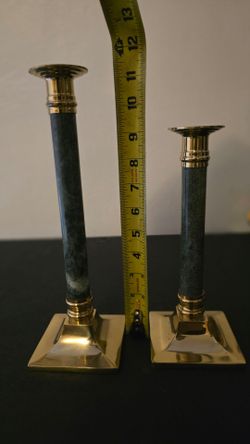 Brass and Green Marble Candlestick Holders Set of 2