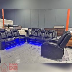 3 Pieces Black Breathing Leather Recliner Sofa Set