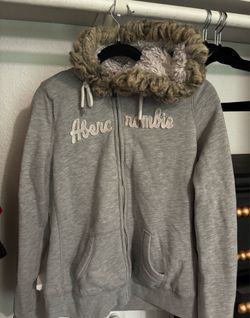 Rare Vintage Abercrombie & Fitch Y2K Fur Lined Hoodie - Grey  L
